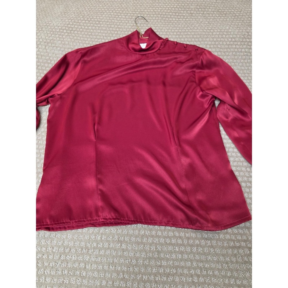 Vintage JONES NEW YORK Silky Secretary Blouse Top Mock Neck 12 Petite Red 80s